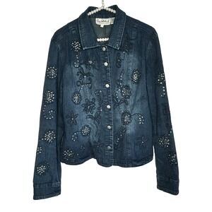 Vintage Flashback Y2k Beaded Floral Denim Jacket L Western Sequin Embroidered‎